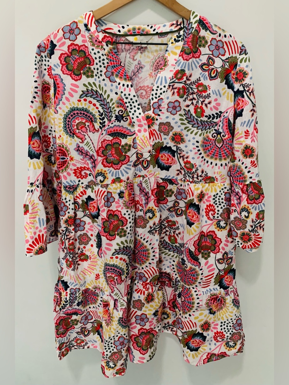 Boden Floral Paisley Linen Tiered Dress White Multicolor Size 10
